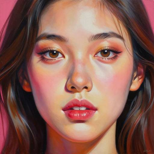 Digital painting of a young woman with fair skin, brown eyes, and red lips, wearing subtle orange eyeshadow, against a pink background. Hyper
