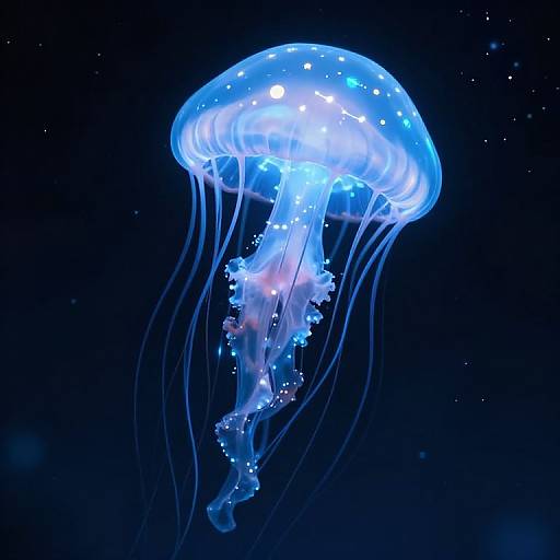 Photograph of a glowing blue jellyfish with translucent, flowing tentacles and bright white spots, floating in a dark, starry ocean.