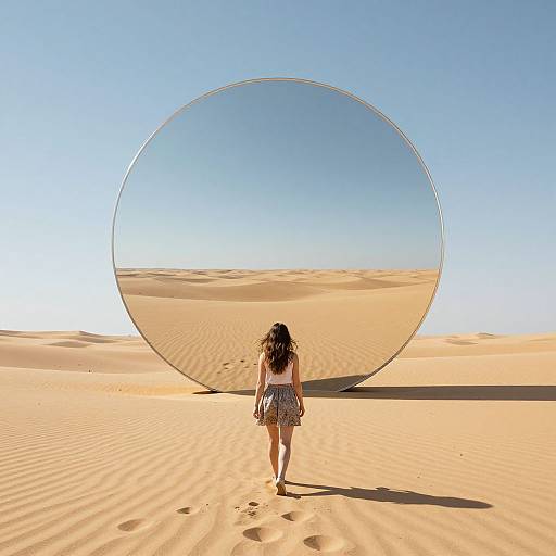 Photograph of a woman with long brown hair, wearing a striped dress, standing in a desert with a large circular mirror reflecting the sand dunes and
