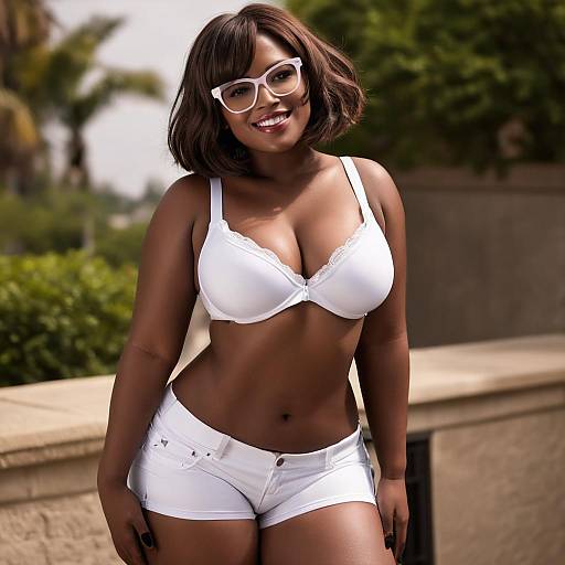 Photograph of a smiling, curvy Black woman with shoulder-length brown hair, wearing white bra and shorts, large white glasses, outdoors.
