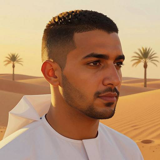 Photograph of a tan-skinned, bearded man with short black hair in a white traditional garment, standing in a sunlit desert with palm trees