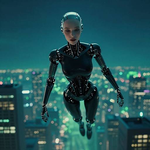 CGI image of a sleek, black, humanoid robot with a metallic head, floating above a glowing cityscape at night.