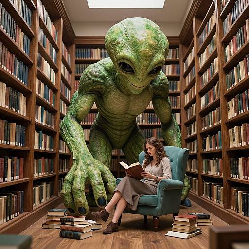 Photograph of a woman in a library, reading while a giant, green, alien-like creature looms over her, surrounded by stacked books.