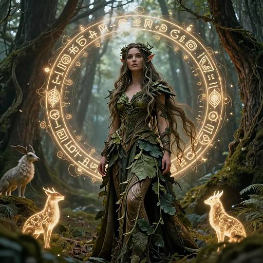 Digital artwork of an elven woman with long, wavy hair and leafy forest dress, standing in a mystical forest, surrounded by glowing runes and
