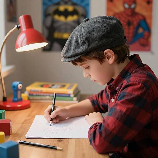 Young Boy at Desk with Superhero Decor