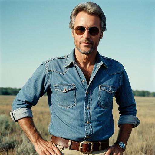 Middle-aged Man in Denim Shirt and Aviator Sunglasses