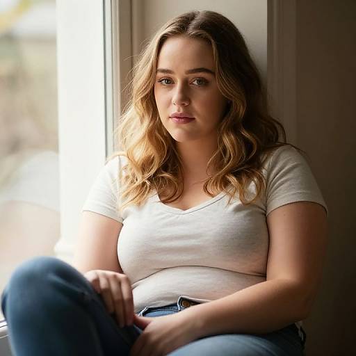 Photograph of a young woman with wavy blonde hair, wearing a white t-shirt and blue jeans, sitting by a sunlit window, looking thought