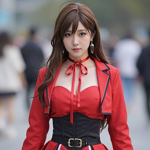 Photograph of an East Asian woman with long brown hair, wearing a red and black military-style dress with ribbon choker, standing in a blurred urban