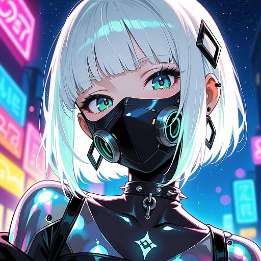 Cyberpunk Girl with Neon Mask in Harajuku at Night