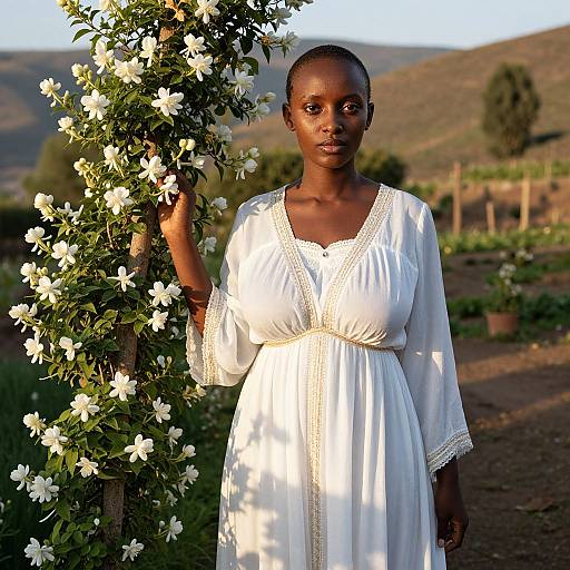 Photograph of a dark-skinned woman in a white, lace-trimmed dress, standing in a sunlit garden, holding a flowering tree with