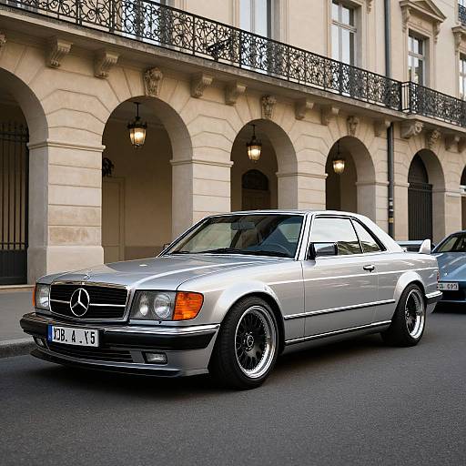 Photograph of a silver Mercedes-Benz sedan with black rims parked in front of an elegant, beige, arched building with black wrought iron balconies.