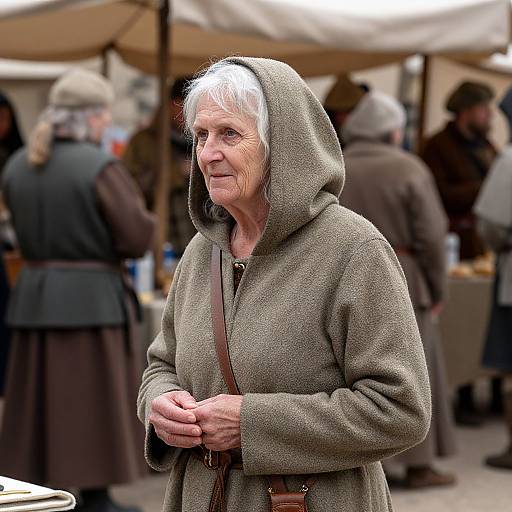 Photograph of elderly white woman with white hair, wearing a green hooded cloak, standing in a medieval market with blurred background.