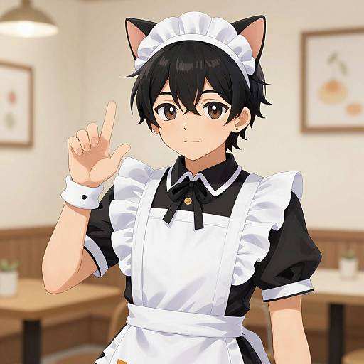 Anime-style digital drawing of a cute, black-haired boy with cat ears in a black and white maid outfit, raising his index finger in a café with