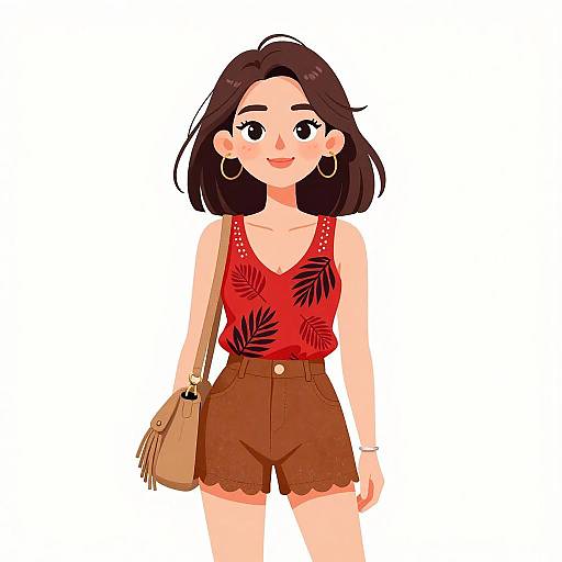Digital illustration of a smiling young woman with dark brown hair, wearing a red leaf-patterned tank top, brown high-waisted shorts, hoop earrings