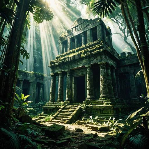 Ancient Jungle Temple Ruins with Sunlight Rays