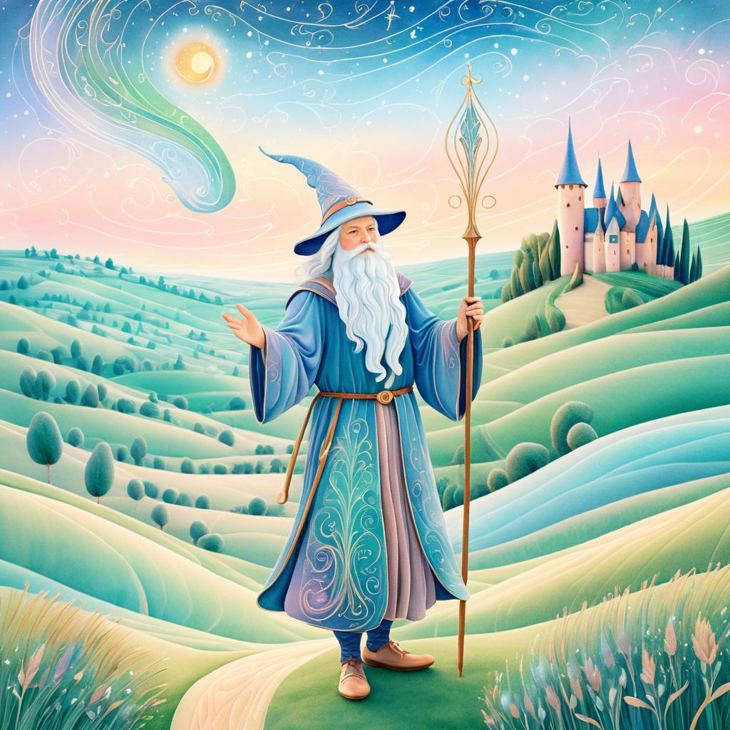 Medieval Whimsical Wizard in Pastel Landscape