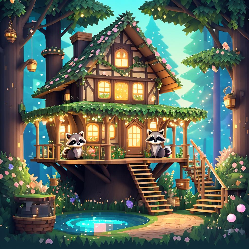 Charming Raccoon in a Fairy Treehouse