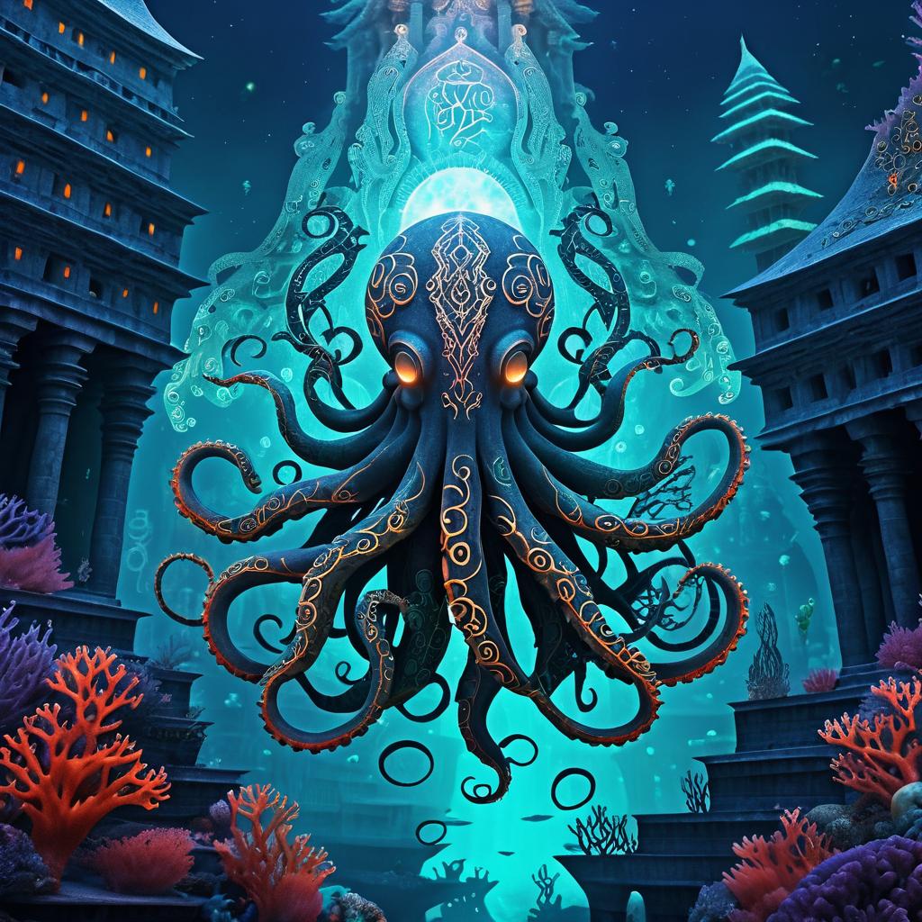 Mystical Half-Human Octopus in Underwater City