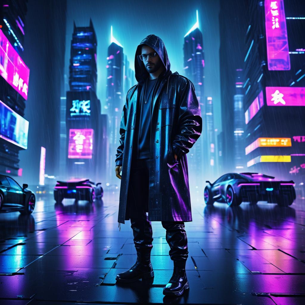 Cyberpunk Hacker in Rainy Neon City