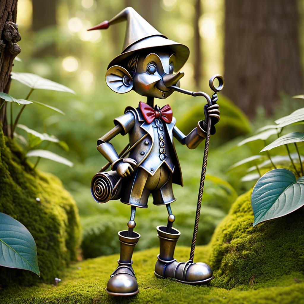 Whimsical Metal Pinocchio in Forest Glade