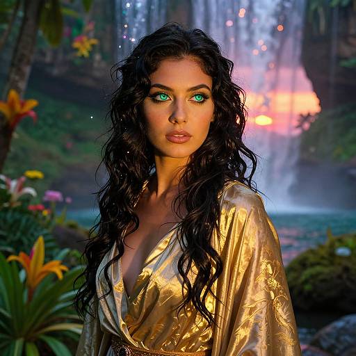 Photorealistic digital art of a woman with long, wavy black hair, green eyes, and golden robe, standing in a lush jungle with a