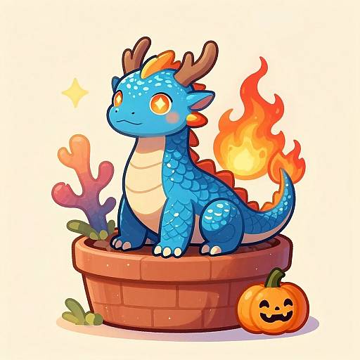Cute digital drawing of a blue, orange-eyed, fire-breathing dragon puppy sitting in a red brick pot with a jack-o'-lantern.