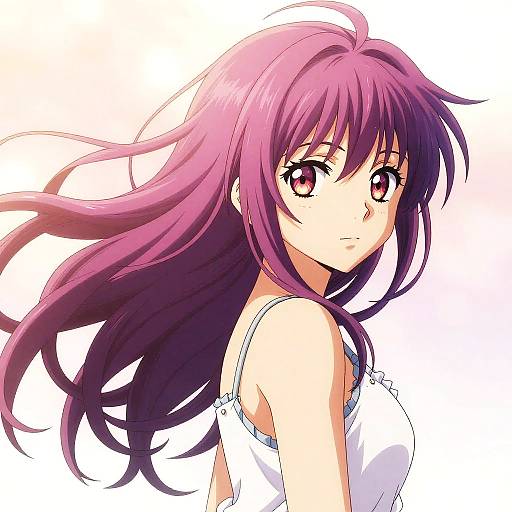 Anime-style digital drawing of a purple-haired woman with large, red eyes, wearing a white tank top, looking back over her shoulder.
