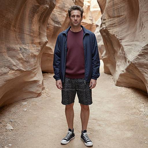 Photograph of a man with short brown hair, beard, wearing a navy jacket, maroon shirt, black speckled shorts, and black Con