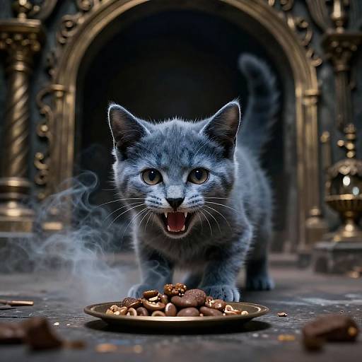 Protective Kitten in Ornate Crypt