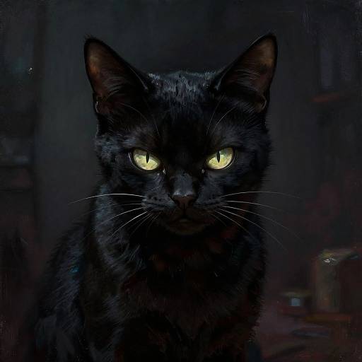 Photograph of a dark-furred, black cat with glowing yellow eyes, set against a dimly lit, shadowy background. The cat's intense