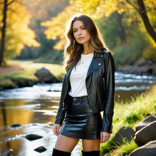 Woman in Black Leather Outfit by River in Autumn