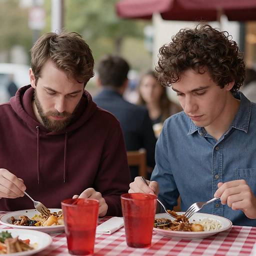 Two men dining outdoors at restaurant