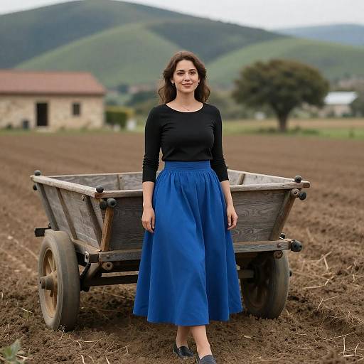 Smiling Woman in Voluminous Blue Skirt
