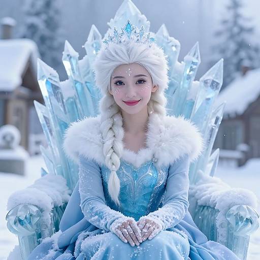 Photograph of a fair-skinned, blonde-haired woman in an Elsa-inspired ice queen costume with a crown, crystal throne, and snow-covered background.