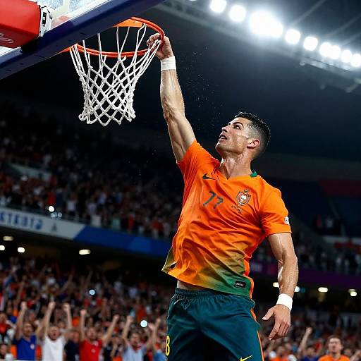 Photograph of a male basketball player in an orange and green jersey, mid-dunk, reaching for the net in a brightly lit, packed stadium.