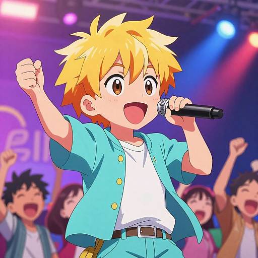 Anime-style digital drawing of a blonde boy with spiky hair, wearing a blue shirt and white tee, enthusiastically singing into a microphone on stage with cheering