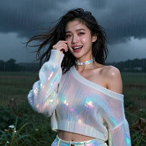 Photograph of a smiling Asian woman with wet, dark hair, wearing a shimmering white off-shoulder crop top and choker, standing in