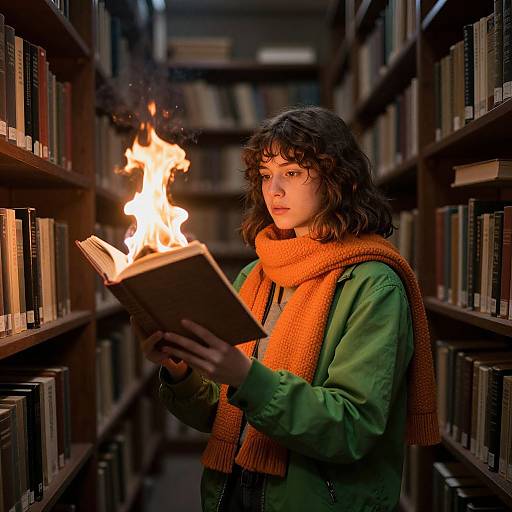 Photograph of a young woman with curly black hair, glasses, green jacket, and orange scarf, holding a book with a flame on top, standing