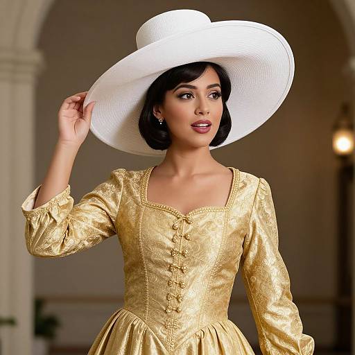Photograph of a beautiful woman with medium brown skin, black bob hair, wearing a gold, embroidered dress and large white sunhat, standing indoors with