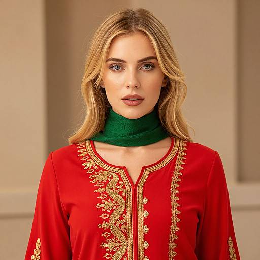 Blonde Woman in Embroidered Red Dress