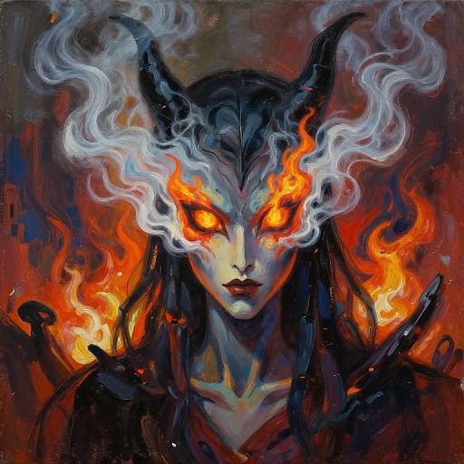 Digital painting of a demonic figure with fiery eyes, black helmet, and swirling white smoke horns against a red-orange background.