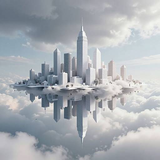 Digital artwork of a futuristic cityscape floating on clouds, with towering skyscrapers reflecting in a mirrored surface below.