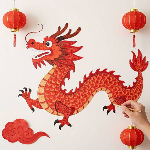 Photograph of a vibrant, red, intricately scaled Chinese dragon paper cutout, with a hand holding it, surrounded by hanging red lanterns.