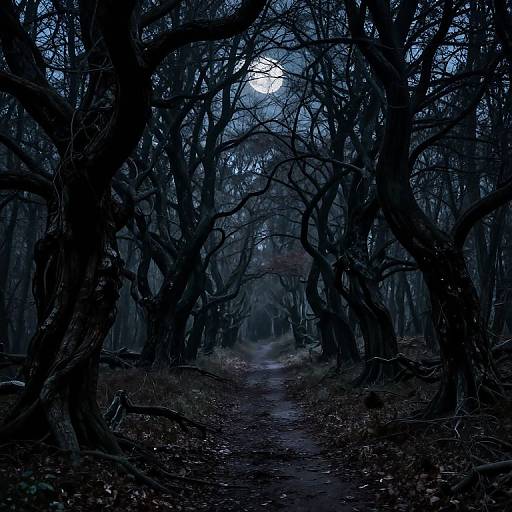 Eerie Moonlit Twisted Forest Path