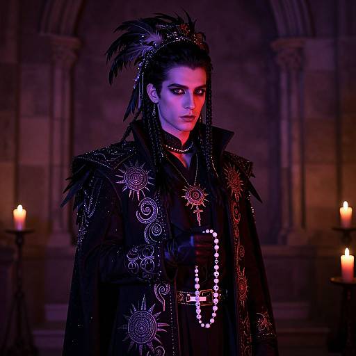 Gothic-inspired woman in black ornate cloak with feathered headpiece, holding rosary, illuminated by purple and red candlelight in dim cathedral