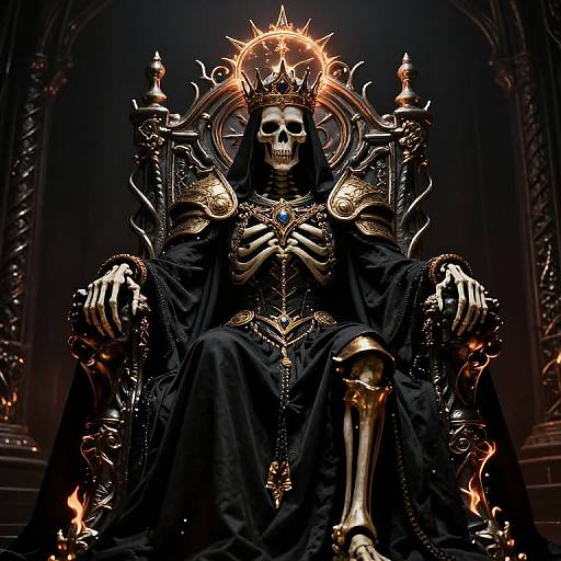 Digital artwork of a skeletal figure in black robes, adorned with gold armor and crown, seated on an ornate throne, glowing halo above head, dark