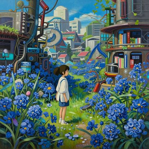 Digital anime-style drawing: A girl with short brown hair, white shirt, and blue skirt stands in a vibrant blue flower field, surrounded by futuristic buildings