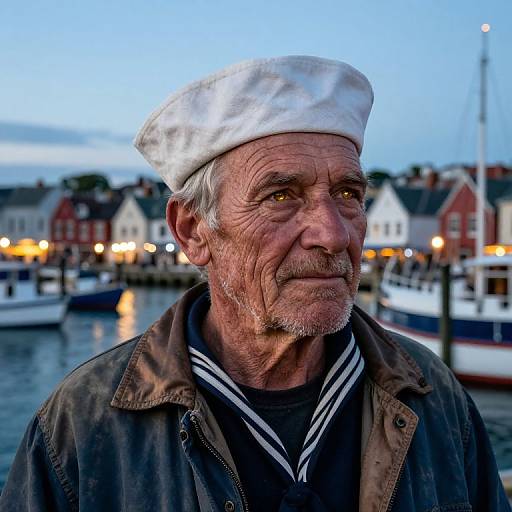 Photograph of an elderly Caucasian man with a white sailor hat, wrinkled face, and mustache, wearing a dark jacket over a striped shirt,