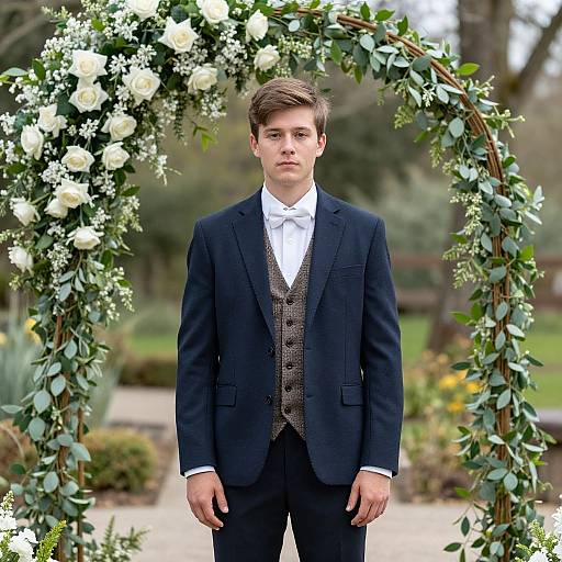 Photograph of a young man in a black suit and brown vest, standing under a floral archway in a garden.
