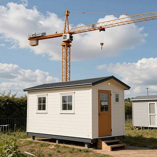 Photograph of a small white wooden house with black trim, brown door, and black roof, under a tall orange construction crane, sunny blue sky with